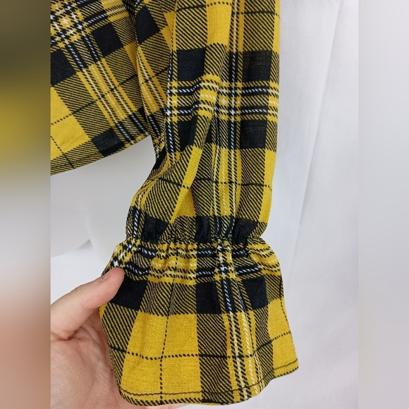 yellow Black peplum western Plaid Button-Up Top Preppy Patchwork fall blouse L - Picture 8 of 10